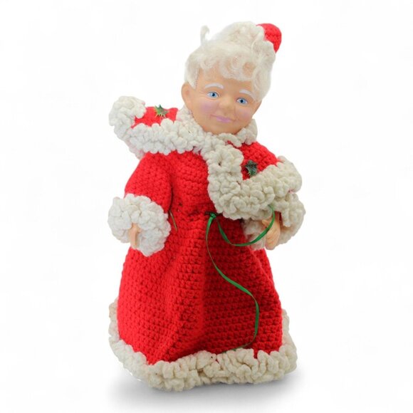 Handmade Other - Vintage Mrs. Claus Doll With Hand-Crocheted Red & White Outfit Santa Hat & Holly